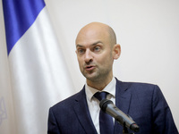 Jean-Noel Barrot, Minister for Europe and Foreign Affairs of the French Republic, attends a joint briefing with Andrii Sybiha, Minister of F...