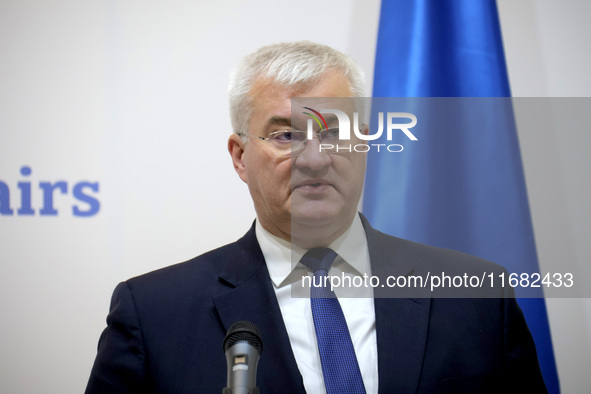 The Minister of Foreign Affairs of Ukraine, Andrii Sybiha, attends a joint briefing with the Minister for Europe and Foreign Affairs of the...