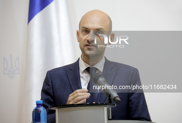 Jean-Noel Barrot, Minister for Europe and Foreign Affairs of the French Republic, attends a joint briefing with Andrii Sybiha, Minister of F...