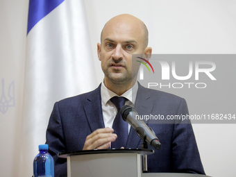 Jean-Noel Barrot, Minister for Europe and Foreign Affairs of the French Republic, attends a joint briefing with Andrii Sybiha, Minister of F...