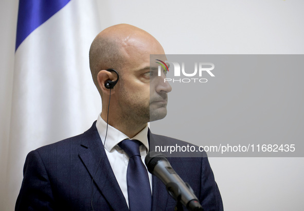 Jean-Noel Barrot, Minister for Europe and Foreign Affairs of the French Republic, attends a joint briefing with Andrii Sybiha, Minister of F...