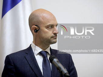 Jean-Noel Barrot, Minister for Europe and Foreign Affairs of the French Republic, attends a joint briefing with Andrii Sybiha, Minister of F...