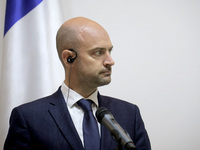 Jean-Noel Barrot, Minister for Europe and Foreign Affairs of the French Republic, attends a joint briefing with Andrii Sybiha, Minister of F...