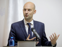 Jean-Noel Barrot, Minister for Europe and Foreign Affairs of the French Republic, attends a joint briefing with Andrii Sybiha, Minister of F...