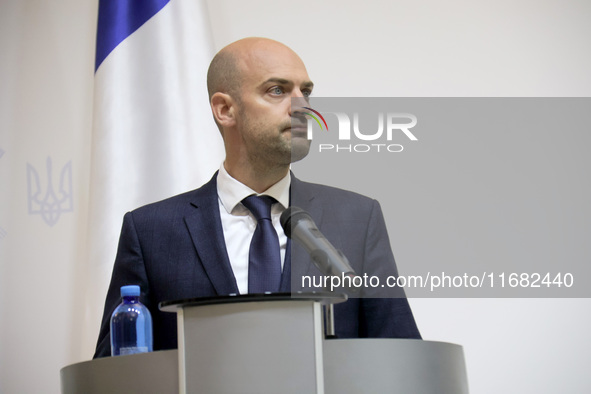 Jean-Noel Barrot, Minister for Europe and Foreign Affairs of the French Republic, attends a joint briefing with Andrii Sybiha, Minister of F...