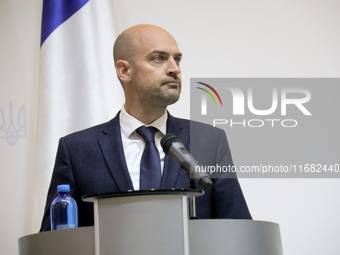 Jean-Noel Barrot, Minister for Europe and Foreign Affairs of the French Republic, attends a joint briefing with Andrii Sybiha, Minister of F...