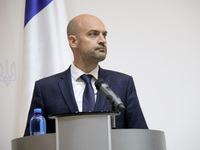 Jean-Noel Barrot, Minister for Europe and Foreign Affairs of the French Republic, attends a joint briefing with Andrii Sybiha, Minister of F...