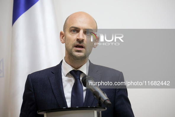 Jean-Noel Barrot, Minister for Europe and Foreign Affairs of the French Republic, attends a joint briefing with Andrii Sybiha, Minister of F...