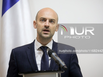 Jean-Noel Barrot, Minister for Europe and Foreign Affairs of the French Republic, attends a joint briefing with Andrii Sybiha, Minister of F...