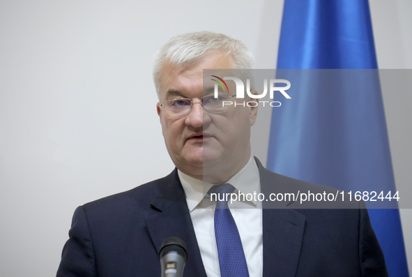 The Minister of Foreign Affairs of Ukraine, Andrii Sybiha, attends a joint briefing with the Minister for Europe and Foreign Affairs of the...