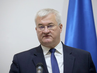 The Minister of Foreign Affairs of Ukraine, Andrii Sybiha, attends a joint briefing with the Minister for Europe and Foreign Affairs of the...