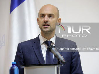 Jean-Noel Barrot, Minister for Europe and Foreign Affairs of the French Republic, attends a joint briefing with Andrii Sybiha, Minister of F...