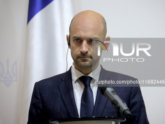 Jean-Noel Barrot, Minister for Europe and Foreign Affairs of the French Republic, attends a joint briefing with Andrii Sybiha, Minister of F...