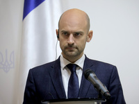 Jean-Noel Barrot, Minister for Europe and Foreign Affairs of the French Republic, attends a joint briefing with Andrii Sybiha, Minister of F...