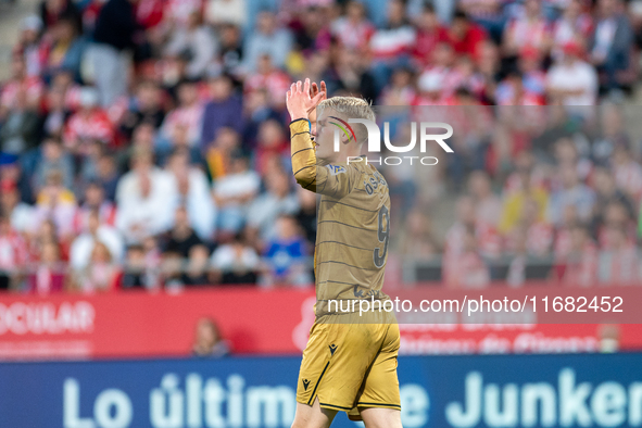 Orri Oskarsson of Real Sociedad is in action during the LaLiga EA Sports 2024-2025 match between Girona FC and Real Sociedad at Montilivi St...