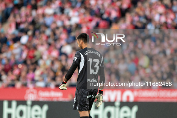 Paulo Gazzaniga of Girona FC is in action during the LaLiga EA Sports 2024-2025 match between Girona FC and Real Sociedad at Montilivi Stadi...