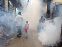 A worker sprays pesticide to kill mosquitoes in the capital city in Dhaka, Bangladesh, on October 19, 2024. The statement adds that this yea...