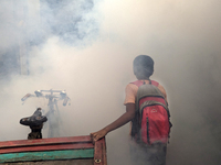 A worker sprays pesticide to kill mosquitoes in the capital city in Dhaka, Bangladesh, on October 19, 2024. The statement adds that this yea...