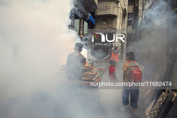 A worker sprays pesticide to kill mosquitoes in the capital city in Dhaka, Bangladesh, on October 19, 2024. The statement adds that this yea...