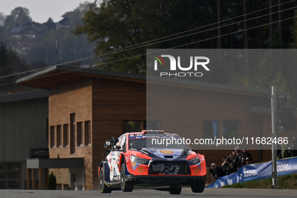 Driver Andreas Mikkelsen and co-driver Torstein Eriksen of the Hyundai Shell Mobis World Rally Team, in a Hyundai i20 N Rally1 Hybrid, face...