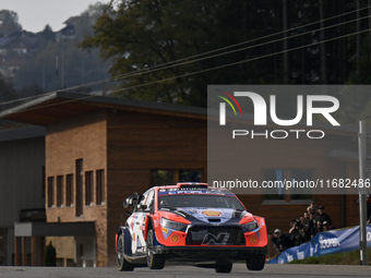 Driver Andreas Mikkelsen and co-driver Torstein Eriksen of the Hyundai Shell Mobis World Rally Team, in a Hyundai i20 N Rally1 Hybrid, face...