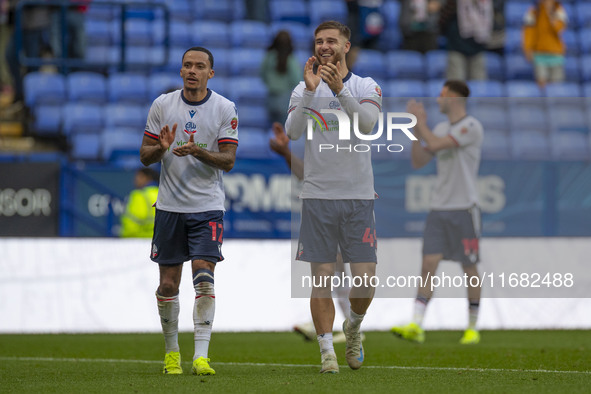 Josh Dacres-Cogley #12 of Bolton Wanderers F.C. applauds at full time during the Sky Bet League 1 match between Bolton Wanderers and Burton...