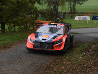 Driver Thierry Neuville and co-driver Martijn Wydaeghe of the Hyundai Shell Mobis World Rally Team, in a Hyundai I20 N Rally1 Hybrid, face t...