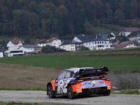 Driver Thierry Neuville and co-driver Martijn Wydaeghe of the Hyundai Shell Mobis World Rally Team, in a Hyundai I20 N Rally1 Hybrid, face t...