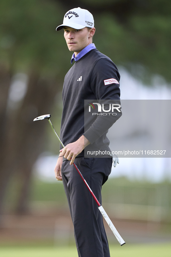 Nicolai Hojgaard of Denmark reacts on the 1st green on the third day of the Estrella Damm N.A. Andalucia Masters 2024 at Real Club de Golf S...