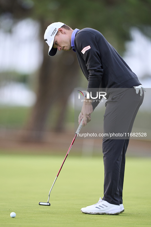 Nicolai Hojgaard of Denmark plays a shot on the 1st green on the third day of the Estrella Damm N.A. Andalucia Masters 2024 at Real Club de...