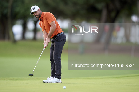 Sebastian Garcia of Spain plays a shot on the 1st green on the third day of the Estrella Damm N.A. Andalucia Masters 2024 at Real Club de Go...