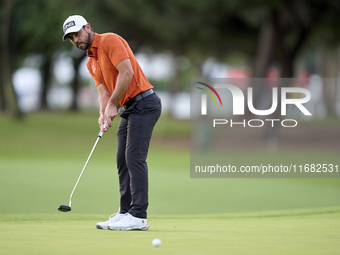 Sebastian Garcia of Spain plays a shot on the 1st green on the third day of the Estrella Damm N.A. Andalucia Masters 2024 at Real Club de Go...