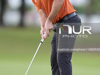 Sebastian Garcia of Spain plays a shot on the 1st green on the third day of the Estrella Damm N.A. Andalucia Masters 2024 at Real Club de Go...