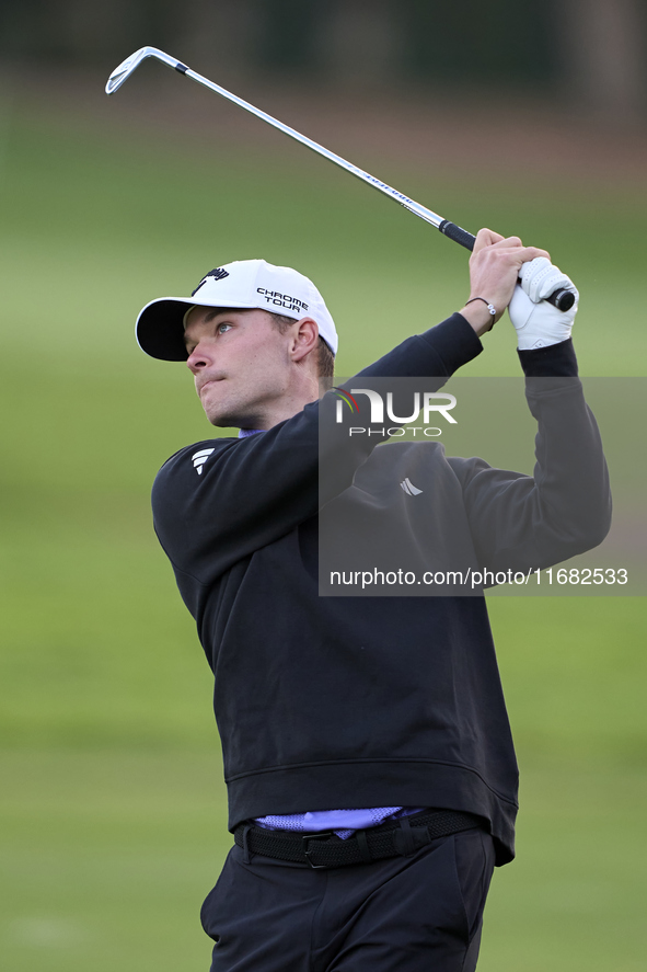 Nicolai Hojgaard of Denmark plays his second shot on the 1st hole on the third day of the Estrella Damm N.A. Andalucia Masters 2024 at Real...