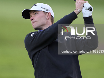 Nicolai Hojgaard of Denmark plays his second shot on the 1st hole on the third day of the Estrella Damm N.A. Andalucia Masters 2024 at Real...