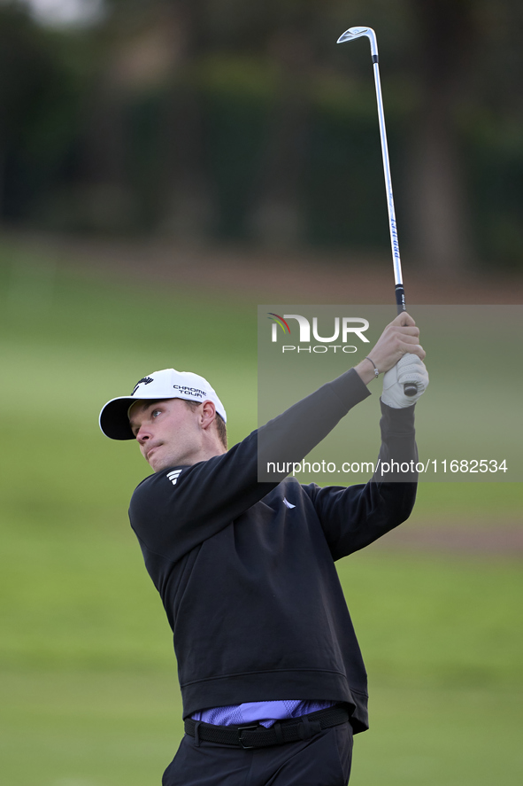 Nicolai Hojgaard of Denmark plays his second shot on the 1st hole on the third day of the Estrella Damm N.A. Andalucia Masters 2024 at Real...