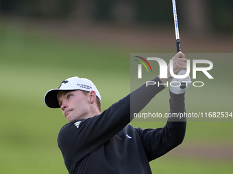 Nicolai Hojgaard of Denmark plays his second shot on the 1st hole on the third day of the Estrella Damm N.A. Andalucia Masters 2024 at Real...