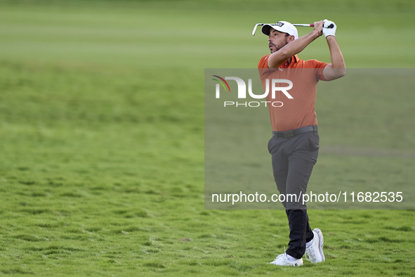 Sebastian Garcia of Spain plays his second shot on the 1st hole on the third day of the Estrella Damm N.A. Andalucia Masters 2024 at Real Cl...