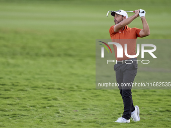 Sebastian Garcia of Spain plays his second shot on the 1st hole on the third day of the Estrella Damm N.A. Andalucia Masters 2024 at Real Cl...