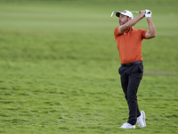 Sebastian Garcia of Spain plays his second shot on the 1st hole on the third day of the Estrella Damm N.A. Andalucia Masters 2024 at Real Cl...