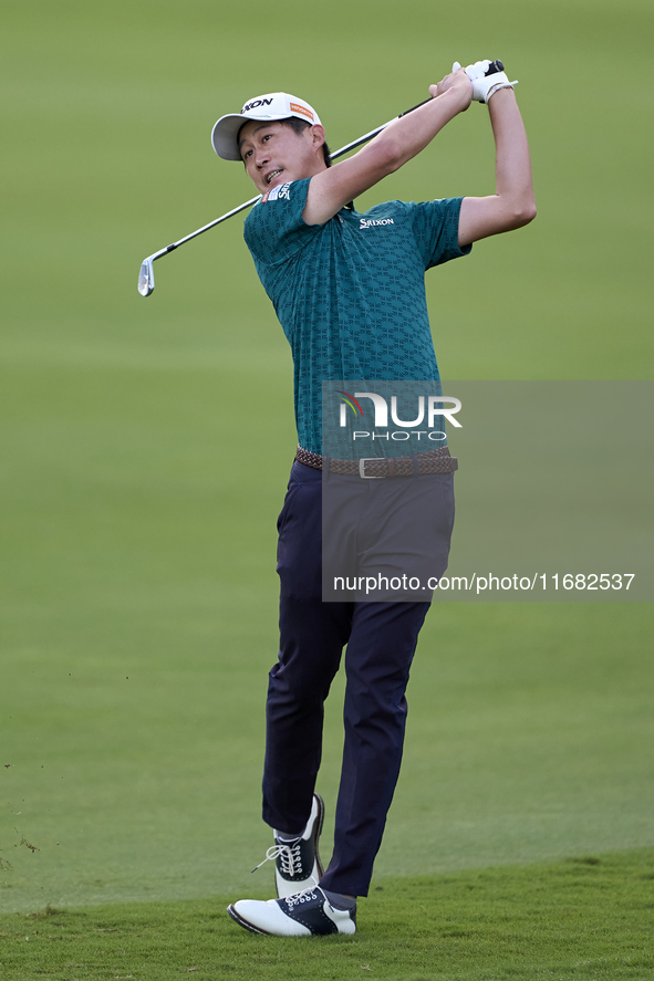 Rikuya Hoshino of Japan plays his second shot on the 1st hole on the third day of the Estrella Damm N.A. Andalucia Masters 2024 at Real Club...