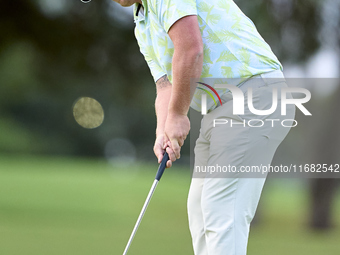 Callum Shinkwin of England plays a shot on the 1st green on the third day of the Estrella Damm N.A. Andalucia Masters 2024 at Real Club de G...