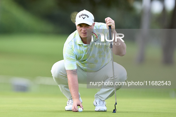 Callum Shinkwin of England studies his shot on the 1st green on the third day of the Estrella Damm N.A. Andalucia Masters 2024 at Real Club...