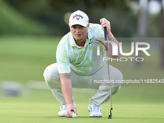 Callum Shinkwin of England studies his shot on the 1st green on the third day of the Estrella Damm N.A. Andalucia Masters 2024 at Real Club...