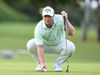 Callum Shinkwin of England studies his shot on the 1st green on the third day of the Estrella Damm N.A. Andalucia Masters 2024 at Real Club...