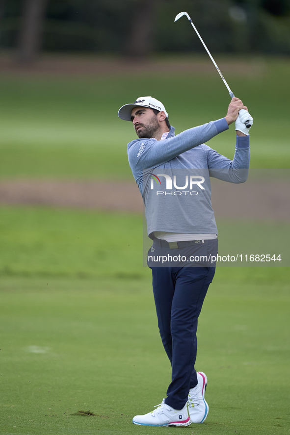 Antoine Rozner of France plays his second shot on the 1st hole on the third day of the Estrella Damm N.A. Andalucia Masters 2024 at Real Clu...