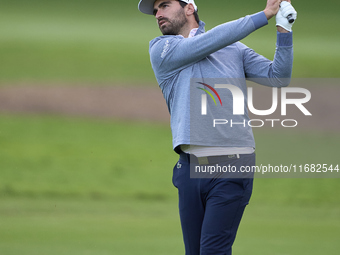 Antoine Rozner of France plays his second shot on the 1st hole on the third day of the Estrella Damm N.A. Andalucia Masters 2024 at Real Clu...