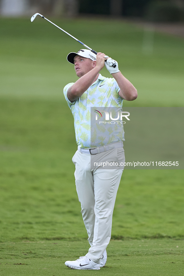 Callum Shinkwin of England plays his second shot on the 1st hole on the third day of the Estrella Damm N.A. Andalucia Masters 2024 at Real C...