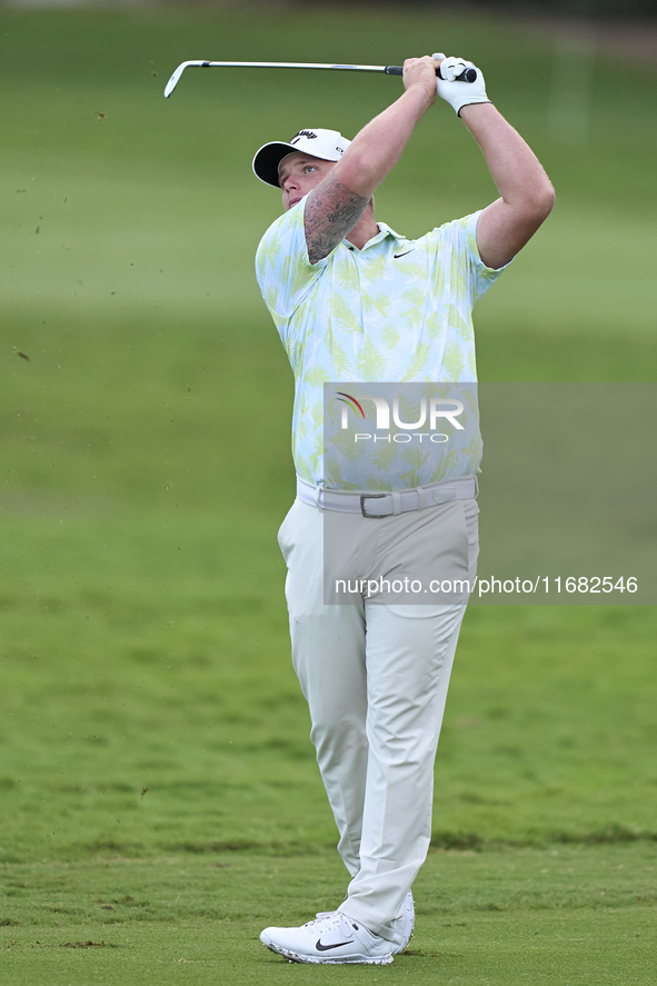 Callum Shinkwin of England plays his second shot on the 1st hole on the third day of the Estrella Damm N.A. Andalucia Masters 2024 at Real C...