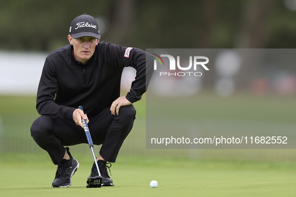 Marcus Kinhult of Sweden studies his shot on the 1st green on the third day of the Estrella Damm N.A. Andalucia Masters 2024 at Real Club de...